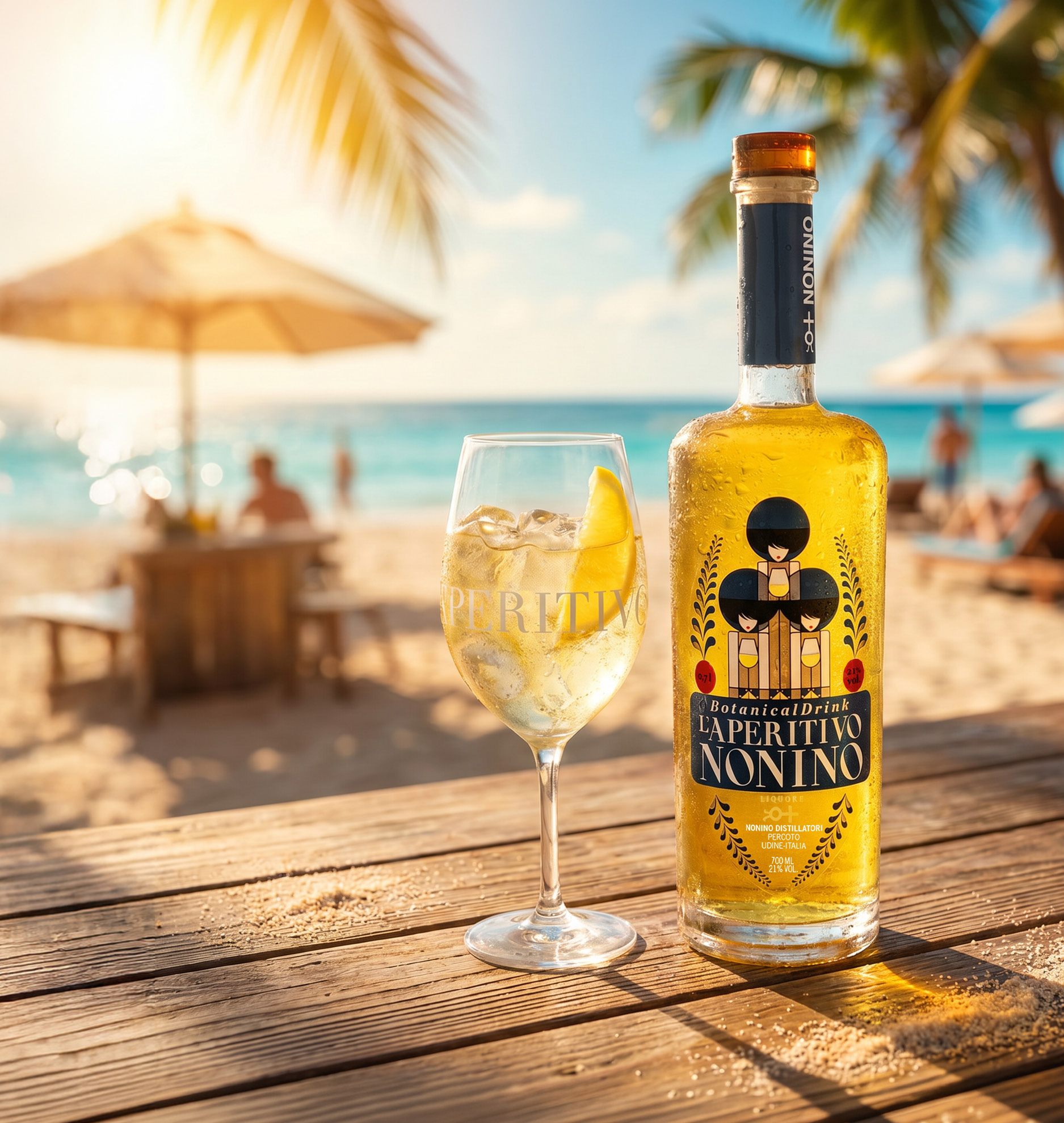 Sommergetränk, Likör, Glas mit Eis, Brennerei-Produkt, Hauptmerkmal: Gelb/Gold