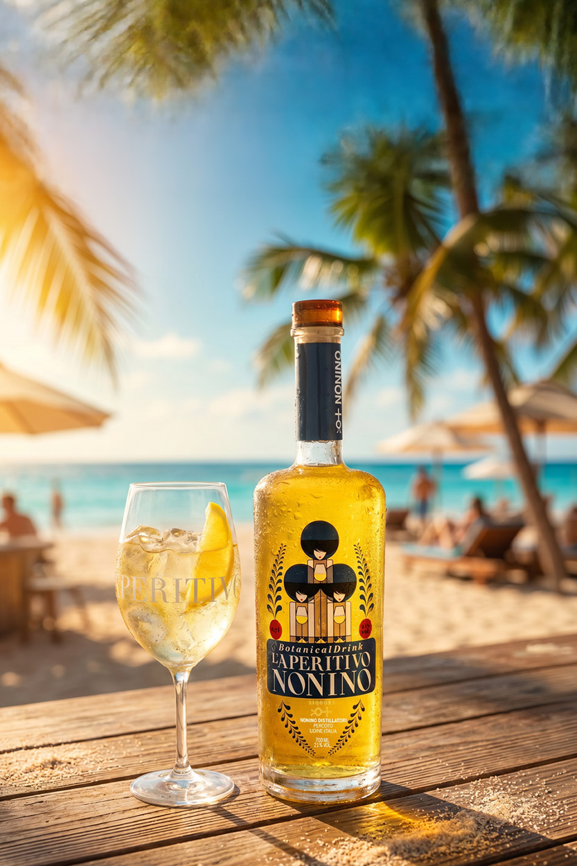 Likör, Cocktailzutat, Flasche, Glas mit Eis, Sommerszene