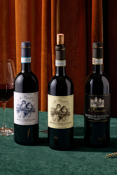 Rotwein, Brunello di Montalcino, Glasflasche, Korkverschluss, Etikett mit Illustration
