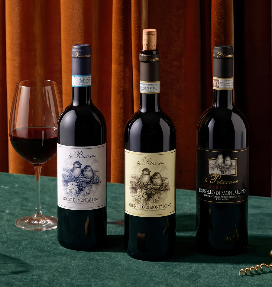 Rotwein, Weinflaschen, Brunello di Montalcino, Glasflasche, Etikett mit Vogelmotiv