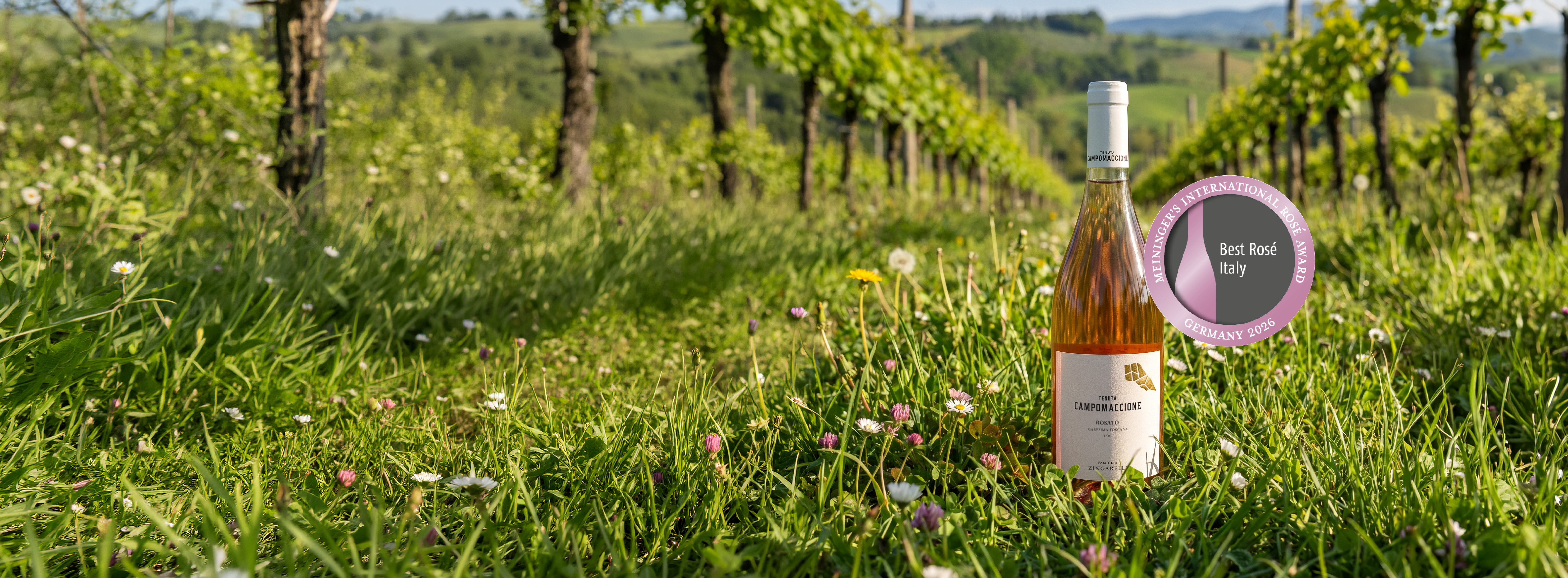Eine Flasche rosé Wein steht im Gras, umgeben von kleinen wildblumen, während Weinreben im Hintergrund sanft an einem Hang wachsen. Ein Auszeichnungsetikett -Best Rosé Italy- ist sichtbar.