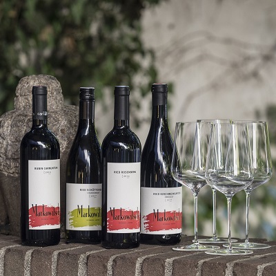Vier Flaschen Rotwein mit verschiedener Etikettierung stehen auf einer Holzoberfläche neben einer Reihe von eleganten Weingläsern, umgeben von einer grünen, pflanzenreichen Kulisse.