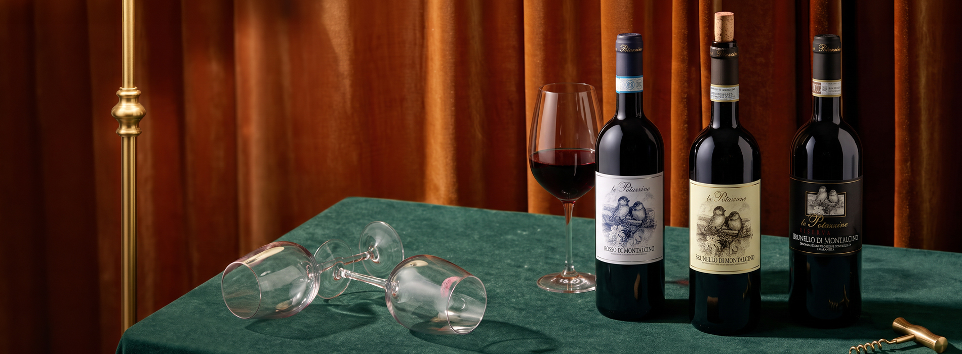 Rotwein, Weinflaschen, Brunello di Montalcino, Weingläser